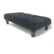 Rectangular footstool, upholstered in buttoned black fabric, turned supports, W97cm, H26cm,