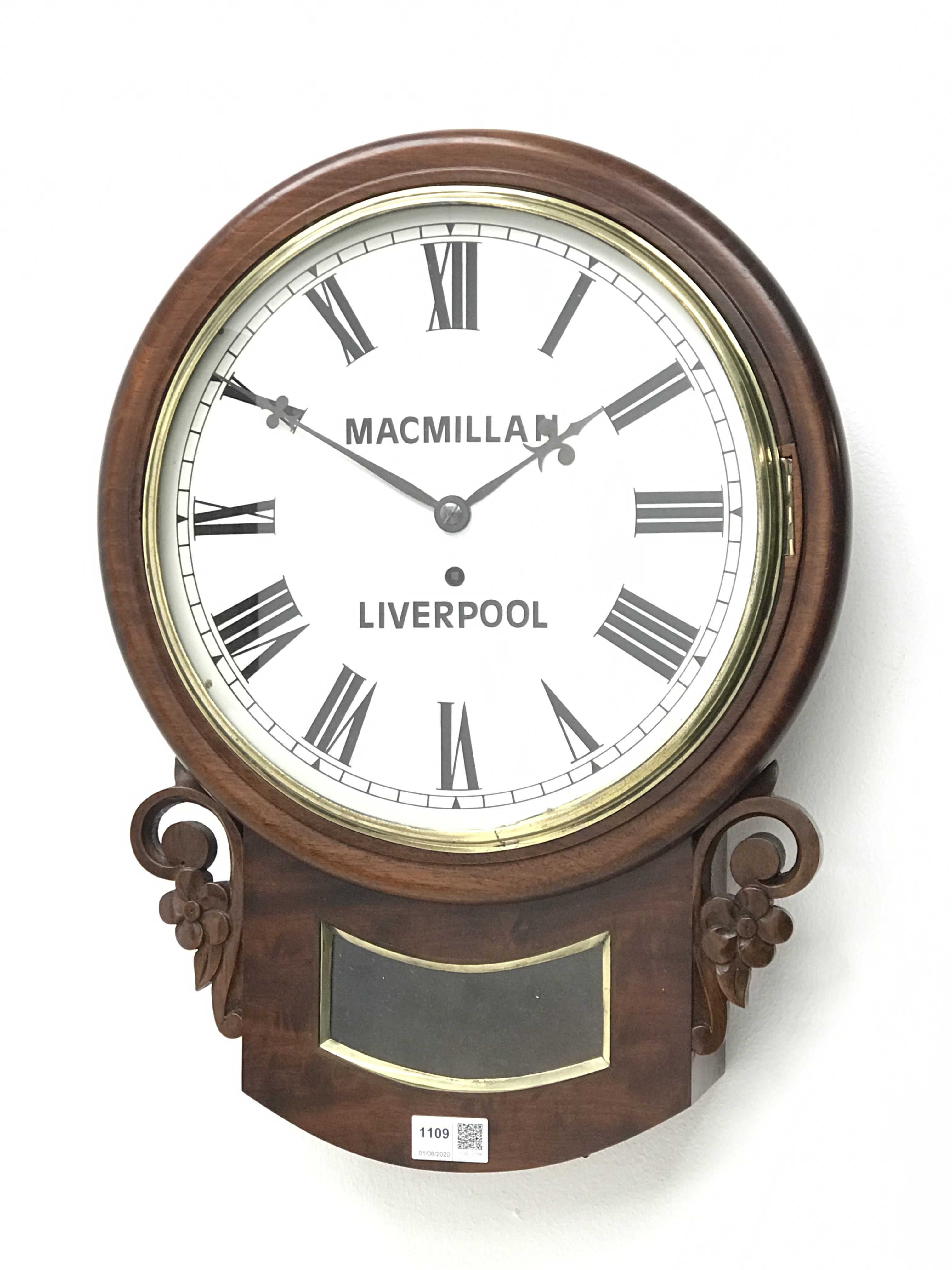 Victorian mahogany circular drop dial wall clock, Roman enamel dial signed 'MacMillan, Liverpool',