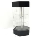 Hexagonal illuminated display cabinet with central rotating three tier shelf, W34cm,