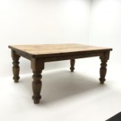 Large pine farmhouse table, turned supports, W183cm H81cm,