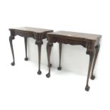 Pair 20th century inlaid mahogany card tables, inset green baize interior,