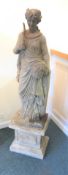 Hand carved stone figure of classical style lady carrying sickle on plinth, W43cm, H162cm,