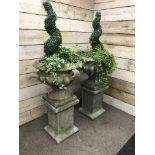 Pair large composite stone twin handled garden urns on square column plinths (planted),