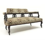 Late Victorian mahogany framed settee, upholstered back, arms and seat, pierced shaped splat,