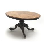 Victorian walnut oval tilt-top salon table with quarter veneered burr walnut top,