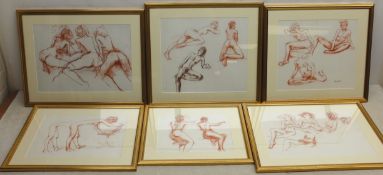 Peter Collins (British 1923-2001): Female Nude Studies, six sanguine sketches, one signed,