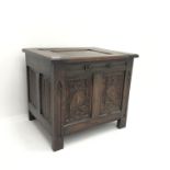 Small oak Gothic style carved box with hinged top, linenfold carved panelled sides, W58cm, H50cm,