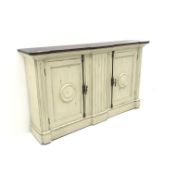 French style cream painted breakfront cabinet, two cupboards, plinth base, W156cm, H91cm,