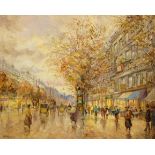 M J Rendell (20th century): Parisian Street scene in the Rain,