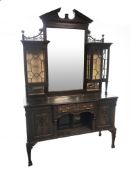 Late Victorian oak mirror back side cabinet, sloped arched pediment with dentil detail,