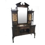 Late Victorian oak mirror back side cabinet, sloped arched pediment with dentil detail,