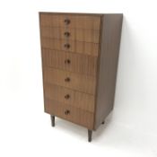 Mid 20th century teak pedestal chest, seven graduating drawers, square tapering supports, W61cm,