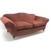 Multi-York three seat sofa, upholstered in a maroon fabric, shaped back, scrolling arms,