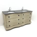 Serpentine front double vanity sink unit with moulded marble top, four drawers, bun feet, W170cm,