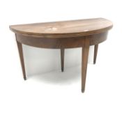 French walnut demi lune table, square tapering brass capped supports, W130cm,