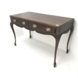 Early 20th century mahogany side table, moulded top, two drawers, shaped apron, cabriole legs,