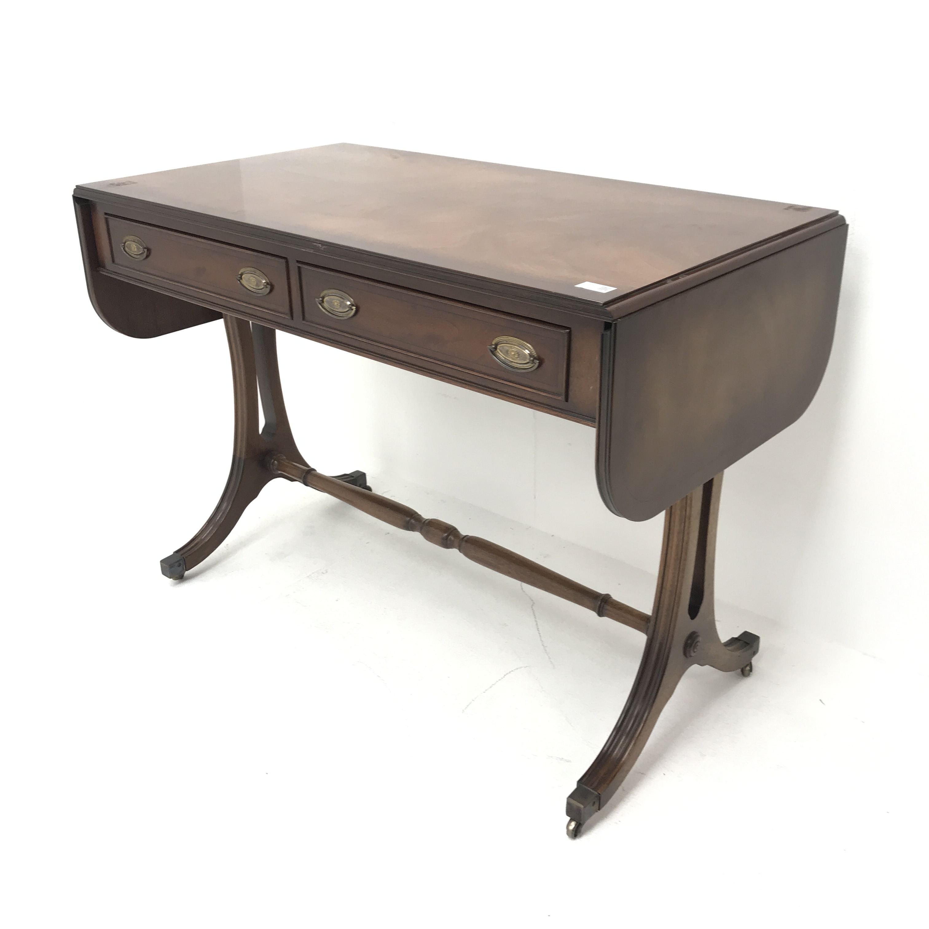 Bevan Funnell Reprodux cross banded mahogany drop leaf sofa table, two drawers,