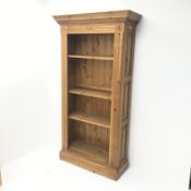 Solid pine 6' open bookcase, projecting cornice, dentil frieze, three adjustable shelves,