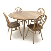 Set four Ercol hoop back dining chairs (W40cm) and Ercol elm drop leaf dining table,