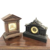 Late 19th century oak architectural cased mantle clock with twin train 'Junghans' movement,