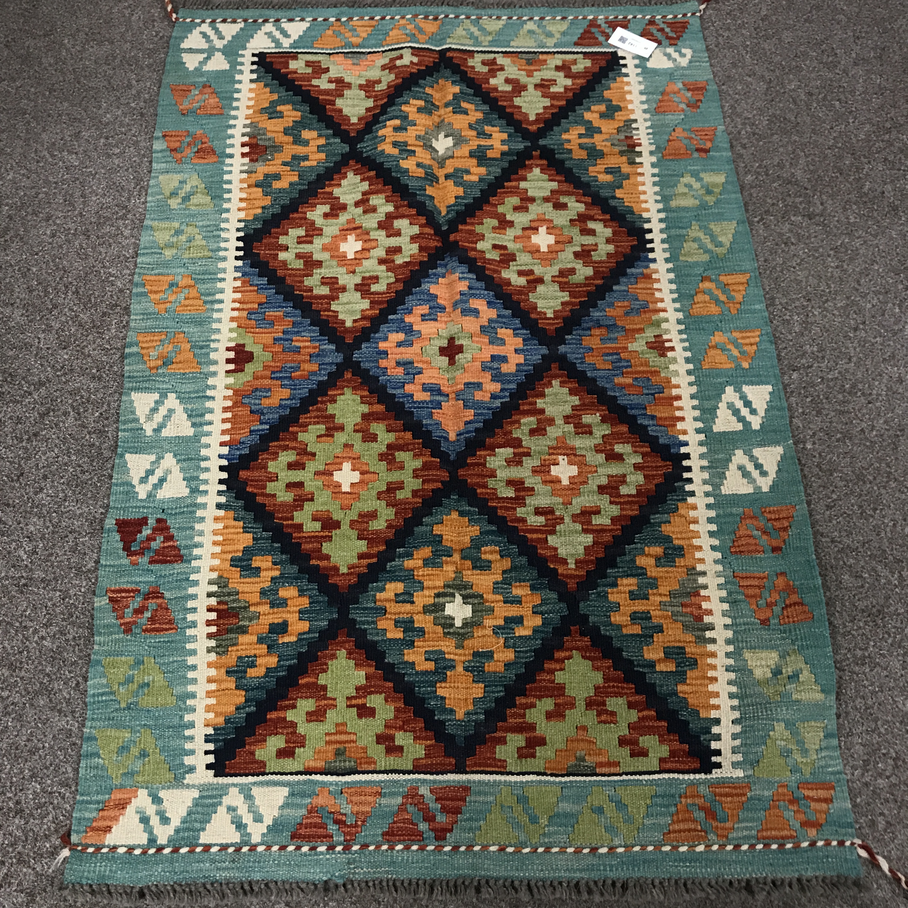 Choli Kilim cyan ground rug, geometric patterned field, - Image 2 of 4