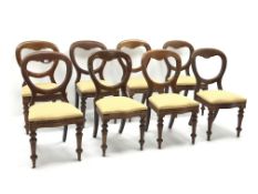 Set eight Victorian mahogany balloon back chairs, serpentine front with drop on upholstered seats,