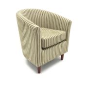 Tub chair upholstered in a beige ground striped fabric, turned tapering supports,