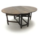 18th century oval oak drop leaf table, bobbin supports, gate leg action, W162cm72cm,