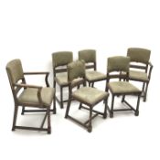 Set six (4+2) early 20th century oak framed dining chairs, upholstered back and seat,