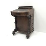 Victorian inlaid figured walnut davenport, hinged sloped top with leather inset,