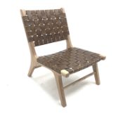 Hardwood framed easy chair, lattice leather work splat and seat,