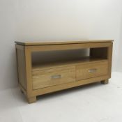 Light oak television stand, single shelf, two drawers, W110cm, H57cm,