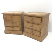 Pair pine bedside chests, three drawers, plinth base, W50cm, H57cm,