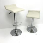 Pair adjustable bar stools, faux leather upholstered seats, chrome column and base,