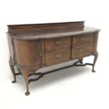 Early 20th century inlaid mahogany breakfront sideboard, raised back,