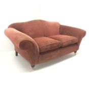 Multi-York three seat sofa, shaped back, scrolling arms, turned supports on castors,