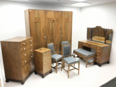 Art Deco walnut and marquetry bedroom suite by Gaylayde, comprising of an oak lined triple wardrobe,