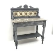 Edwardian marble top wash stand, raised shaped tiled back, grey painted finish,