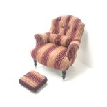 Victorian style armchair upholstered in deep buttoned striped material, scrolled arms,