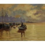 Continental School (Mid 20th century): Busy Estuary with Sailing Barges,