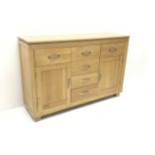 Light oak sideboard, six drawers and two cupboards, W140cm, H92cm,