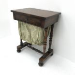 Victorian rosewood sewing table, rectangular top over single drawer with sliding bag beneath,