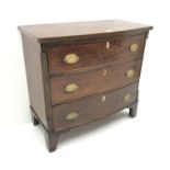 19th century mahogany bow front chest, three drawers, shaped bracket supports, W81cm, H76cm,