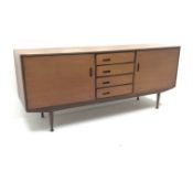 Meredew - 1960s teak sideboard, four drawers flanked by two cupboards, turned tapering supports,