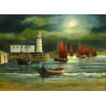 Robert Sheader (British 20th century): The Herring Fleet and Scarborough Lighthouse under Moonlight,