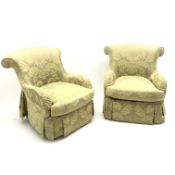 Pair fan back armchairs upholstered in classic gold fabric with floral pattern,