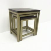 Nest of three tables, walnut top, gold finish supports, W46cm, H52cm,