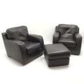 Pair armchairs upholstered in leather (W92cm) and matching footstool (3) Condition Report