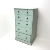Early Victorian painted pine narrow chest, two short and four long drawers, plinth base, W69cm,