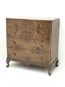 Mid 20th century figured walnut four drawer chest, on cabriole feet, W92cm, H100cm,